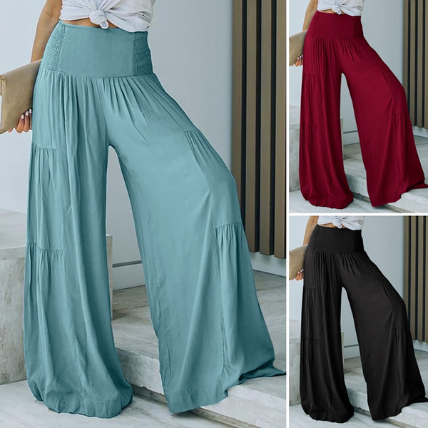 Zanzea Womens Wide Leg Trousers Palazzo Elastic Waist Solid Loose Long Pants Ankle Length Pants 