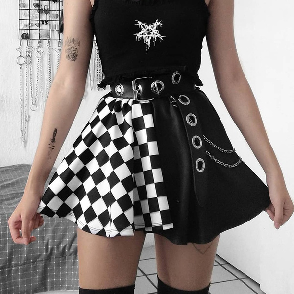 2023 Goth Darkness Gothic A-Line Plaid Mini Skirts E-Girl Punk Contrast  Color Patchwork Women High Waist Sexy Skirt Alternative Clothing