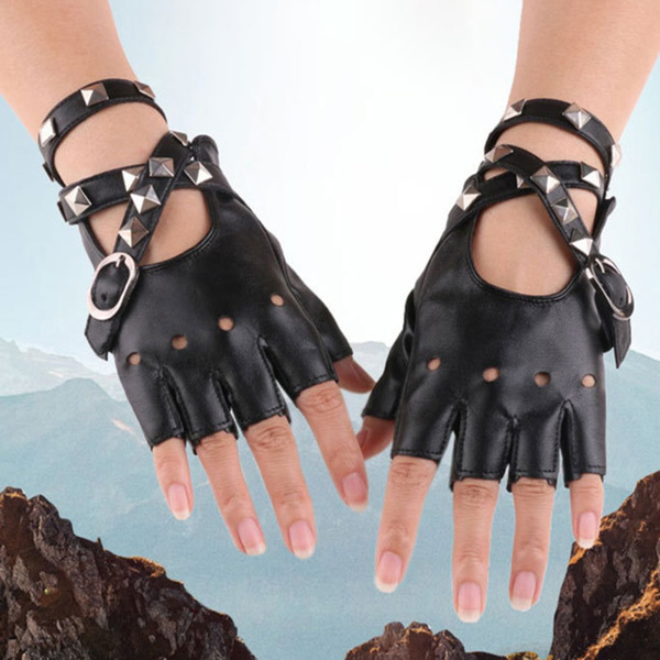 Skeleteen Fingerless Faux Leather Gloves - White Biker Punk Gloves with ...