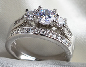 Sterling, White Gold, Engagement Wedding Ring Set, wedding ring