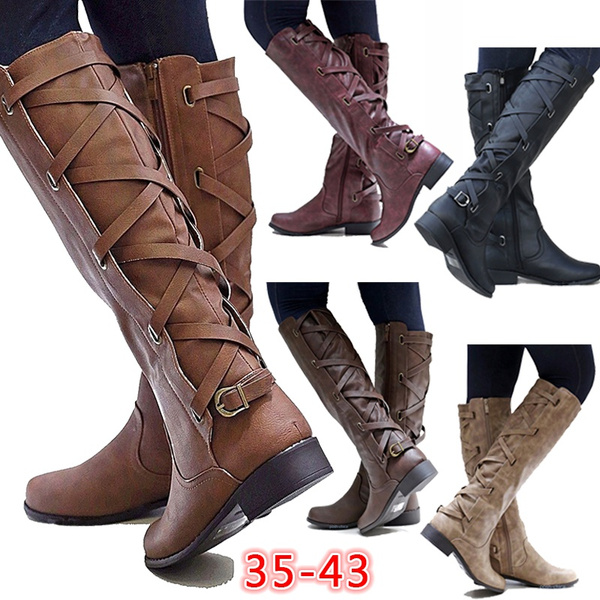 Women's Fashion Buckle Riding Leather Boots Knee High Cowboy Boots