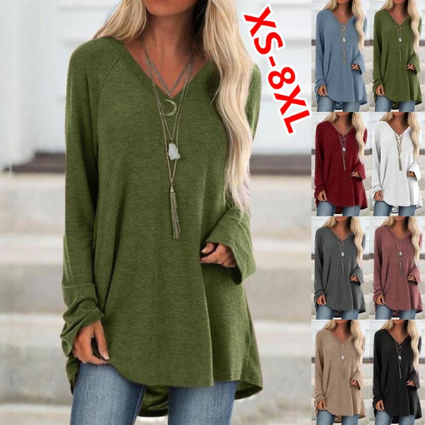 XS-8XL Women's Fashion Autumn and Winter Clothes Casual Solid Color V-neck  Long Sleeve Tops Ladies Loose Tunic T-shirts Cotton Plus Size Pullover  Blouses Sweatshirts
