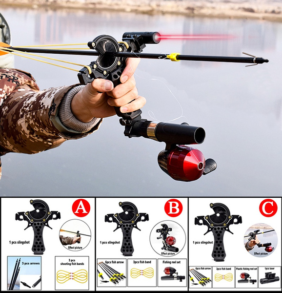 AMEYXGS Bowfishing Hunting Fish Catapult Outdoor Ball Sling Reel Shooting Fishing Tool – Aluminum Alloy