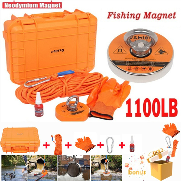 550lb/1100lb) Magnet fishing kit with powerful magnet for fishing magnet kit  orange anti-dropping PP plastic box + magnet + rope + gloves + glue Fishing  magnet with rope for underwater treasure hunting