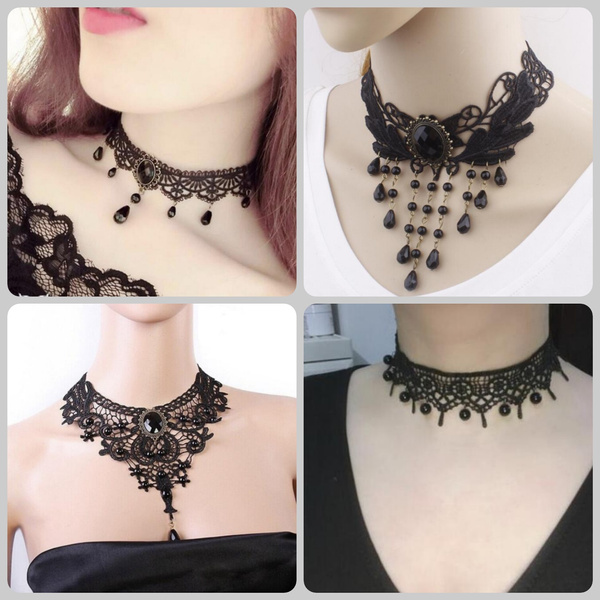 Black Lace Necklace Chokers Gothic Collar Necklace Ladies Vintage Pendant  Clavicle Chain gothic lolita