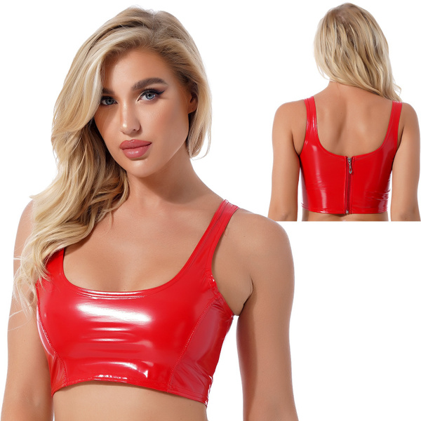 Women Fashion Wet Look Patent Leather Cropped Tank Top U Neck Zipper