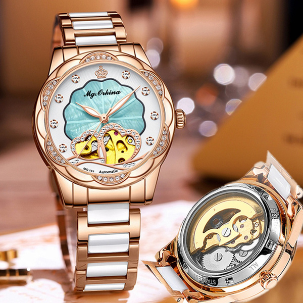 Skeleton Watch Women Automatic Mechanical Watches Steel Ladies Wrist Watches Rose Gold Montre Femme Zegatek Damsk Montre Femm Gift for Girls