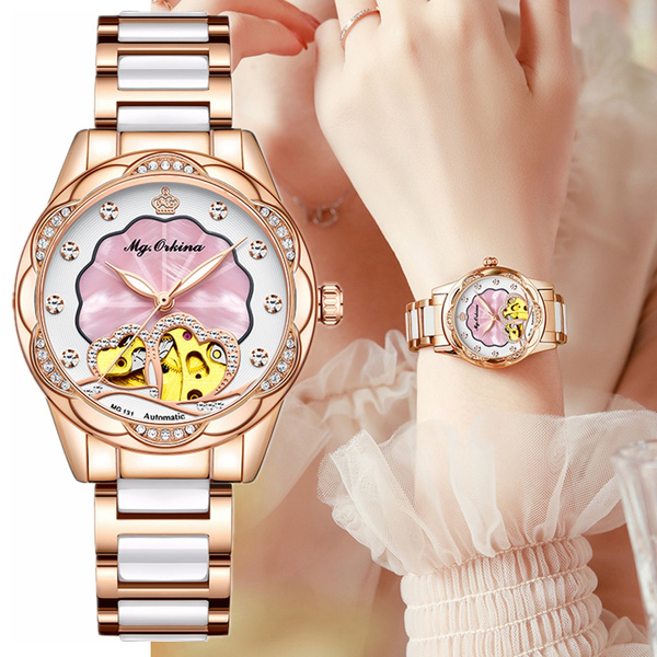 Montre Femme Rose Gold bracelet Watch Relogio Feminino SKeleton Design Ladies Automatic Mechanical Watches Steel strap Women Watch Luxury