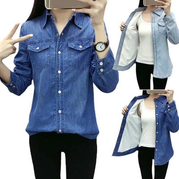 Womens Sherpa Fleece Lined Denim Shirt 
