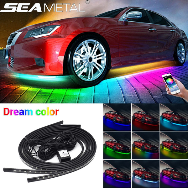 Music Waterproof RGB LED Strip Under Tube Car Auto Underglow Underbody  System Neon Light Lamp Kit 12V w/ APP Control (Size:2x90CM+2X60CM or  2x120CM+2X90CM)