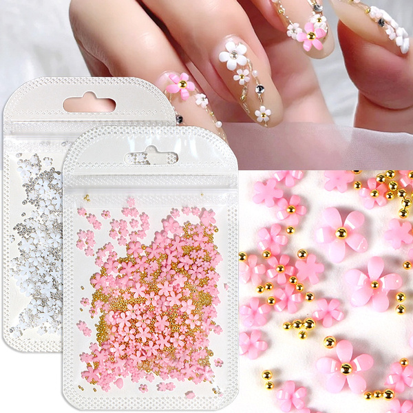 3d Acrylic Flower Nail Art Decorations Gold Silver Beads Color