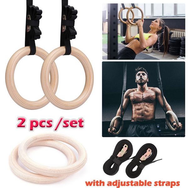 1 Pair Wooden Professional Gymnastic Fitness Rings With Adjustable Buckle Straps Tape Exercise