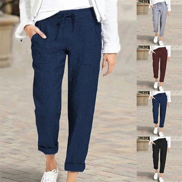 Spring and Summer New Women's Clothing Women's Large Pockets Solid Color  Comfortable Cotton Linen Casual Pants Straight Trousers - AliExpress
