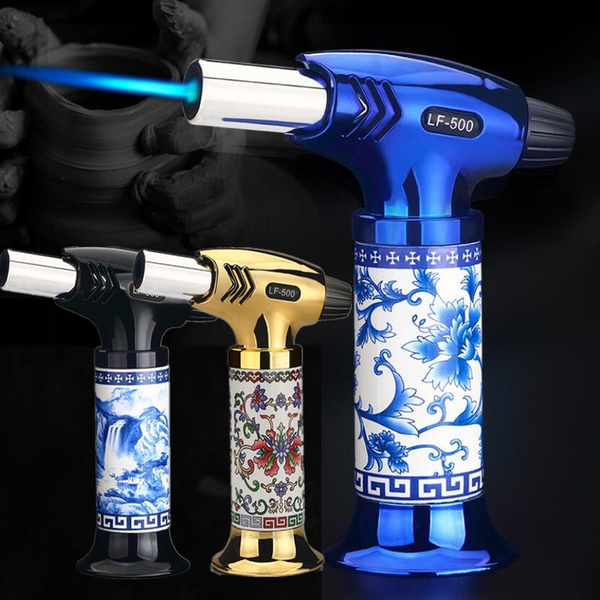 Chinese Style Blue and White Porcelain Blow Torch Professional Kitchen  Cooking Torch with Lock Adjustable Flame Refillable Mini Blow Torch Lighter  for