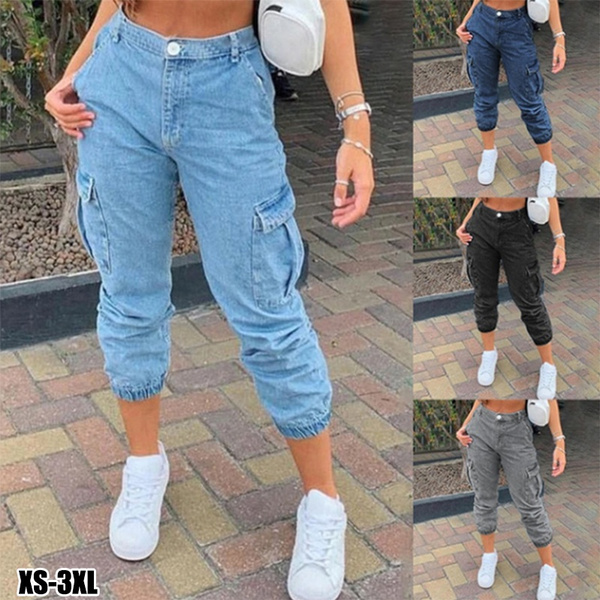 New Summer Fashion Women's Jeans Side Pockets Closed Feet Washed Jeans  Mid-waist Casual Jeans Women's Tight Pockets Trousers Women's Jeans