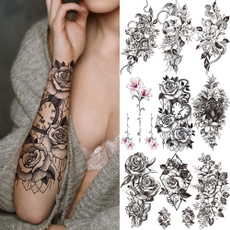 1 Pc 3D Fake Flower Rose Temporary Tattoos for Women Girl Peony Daisy Deer Moon Tattoos Sticker Black Cluster Body Art Painting Tatoos