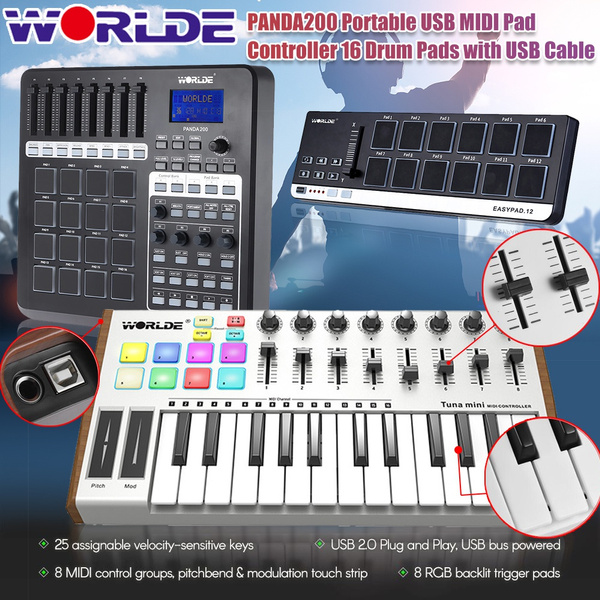 PANDA200 Portable USB MIDI Pad Controller 16 Drum Pads with USB Cable And  WORLDE TUNA MINI Ultra-Portable 25-Key USB MIDI Keyboard Controller