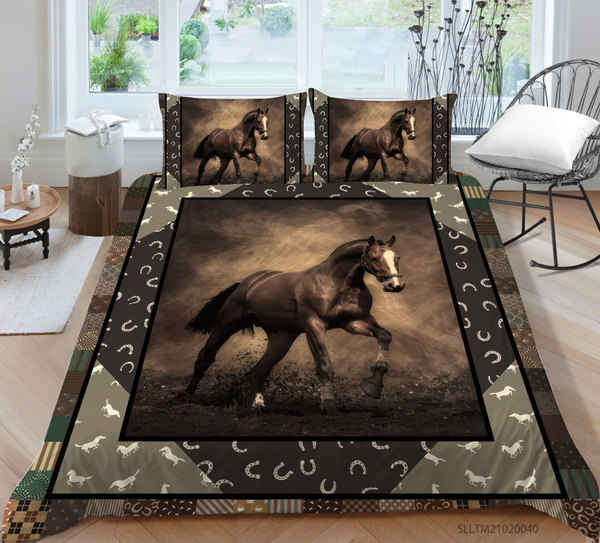 Horse Bedding Set Full Size Brown Horse Printed Duvet Cover for Boys Teens Wild Animal Pattern