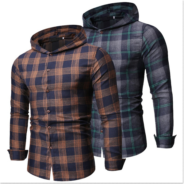 New Men's Fashion Casual Slim Fit Shirt Jacket Autumn Long Sleeve Plaid Hooded Shirt XXL Wish