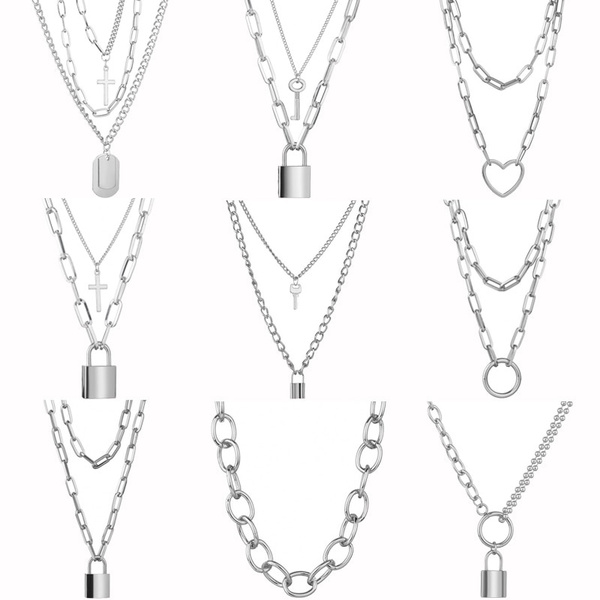 6-9 PCS Chain Necklace Egirl Men Male Emo Goth Chains Statement Lock Key  1-4 Layered Pendants Necklace for Women Teen Girls Boys Eboy Long  Multilayer Chains Punk Choker Silver and Gold Set 