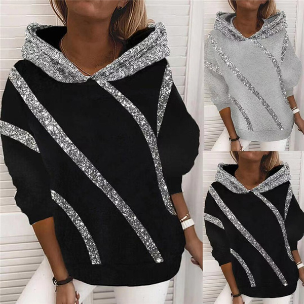 Women s Fashion Sequin Print Loose Hoodie Tshirt Wish