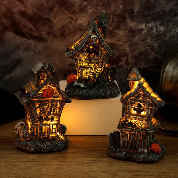 Resin Pumpkin Skull House Statue Light Halloween Party Scary Sculpture ...