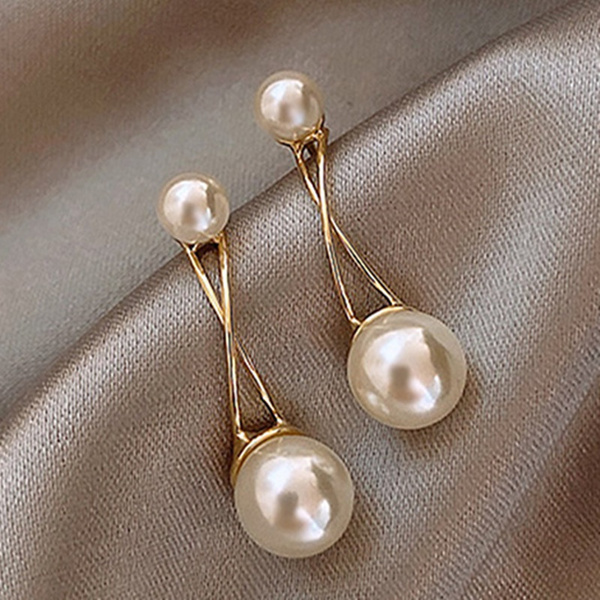 Classic Double Pearl Drop Earrings for Women Gold Plated Ladies Wedding ...