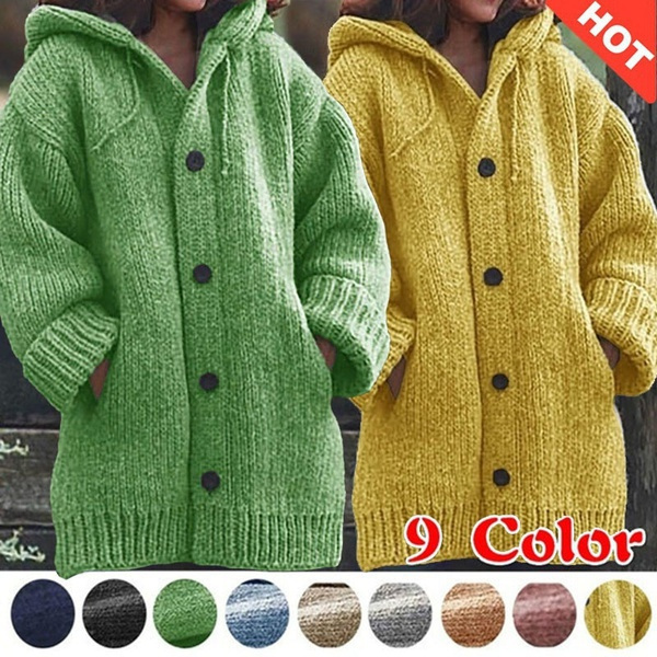 HOT Fashion Autumn Winter Women Knit Hooded Sweater Ladies Mid-length ...