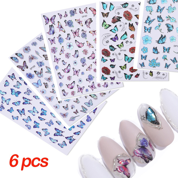 6 Sheets Nail Art Stickers Water Transfer DIY Nail Decals Butterfly