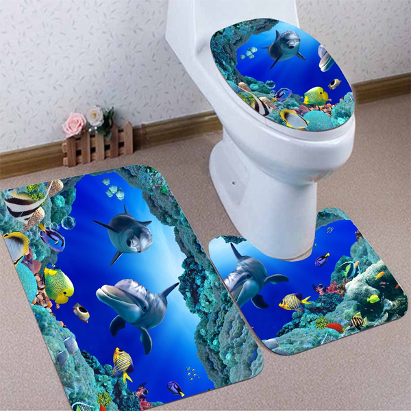 Bath Mat Lid Toilet Cover Bathroom Non-Slip Blue Ocean Style Pedestal Rug 