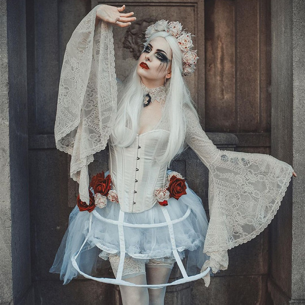 Halloween White Lace Vampire Corpse Bride Costume Cosplay Corset