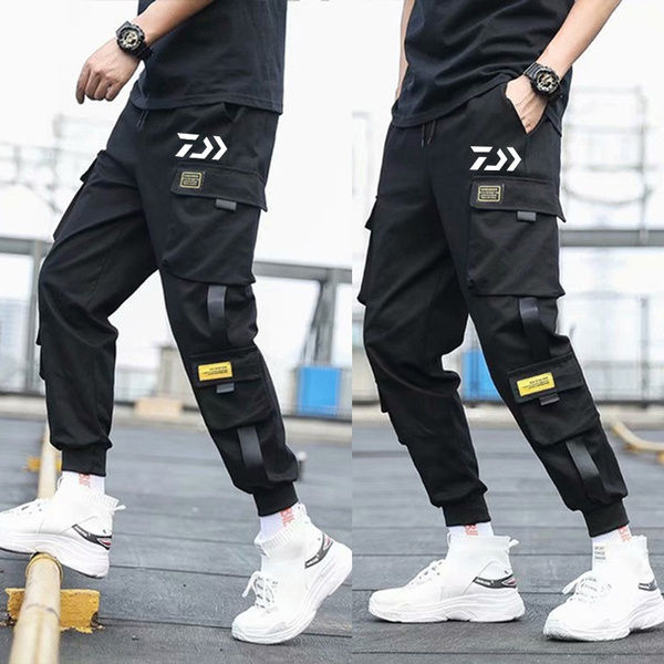 Men Ribbons Block Black Pocket Cargo Pants Harem Joggers Harajuku Sweatpant Hip Hop Tactical 5896