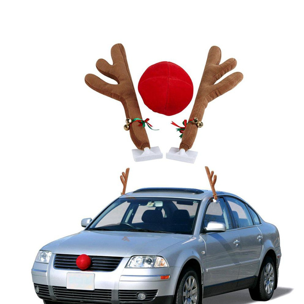 Aohcae Car Reindeer Antlers & Nose Christmas Decorations for Car Window Roof-Top & Grille Rudolph Reindeer Kit,Auto Holiday Accessories Decoration Kit Red Nose Antlers Decor 