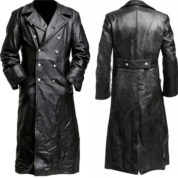 Men Fashion Autumn and Winter Leather Trench Coat Vintage Leather Jacket  Full Length Black Classic Faux Leather Long Coat