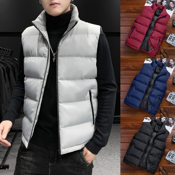 Men's Winter Warm Thick Quilted Puffer Vest Outdoor Casual Sleeveless Down Vest  Jacket