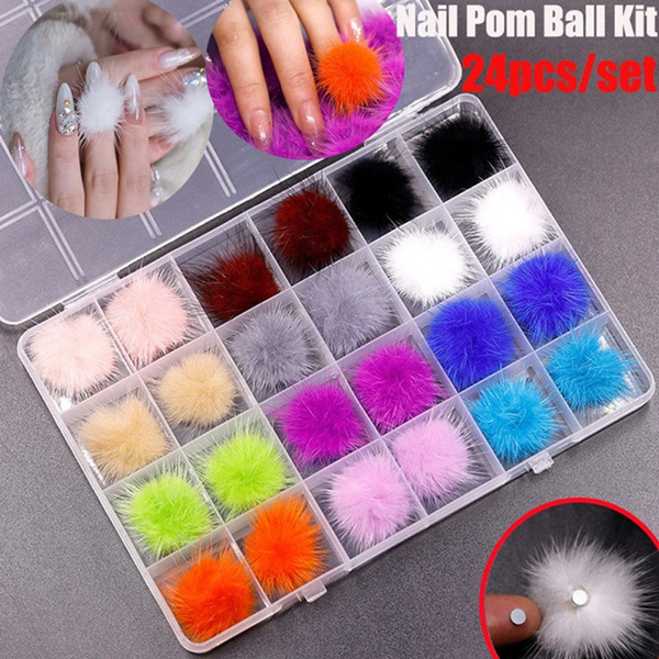 24Pcs/Set Detachable Nail Fluffy Round Poms Kit Magnetic Nail Pom