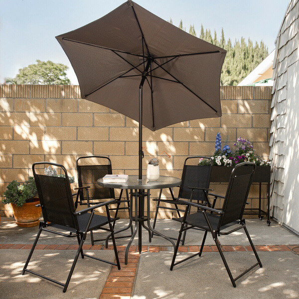 grey patio set with umbrella