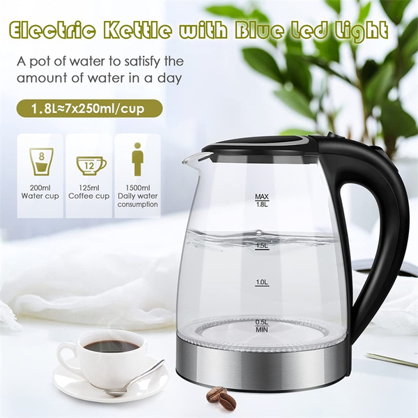1.8L Electric Tea Kettle Blue LED Fast Boiling Hot Water Boiler Stainless  Steel