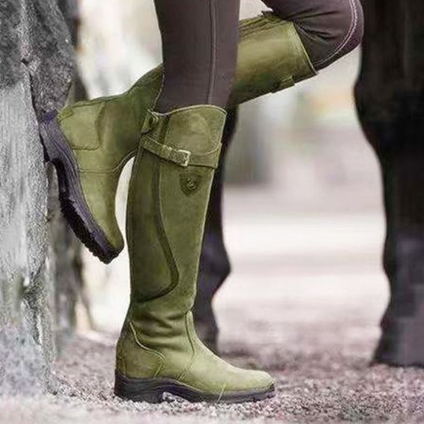 Woman Knee High Boots Low Heel Buckle Zipper Rivet Warm Winter Round Toe Punk Ladies Vintage Fashion Long Boot 
