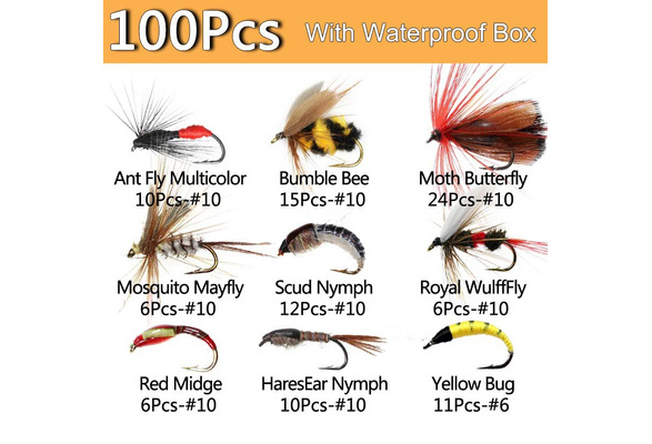 25-100Pcs Outdoor Fly Fishing Flies Assortment Waterproof Fly Box Dry Flies  Wet Flies Nymphs Flies Streamer Flies Trout Steelhead Bass Fishing Lure
