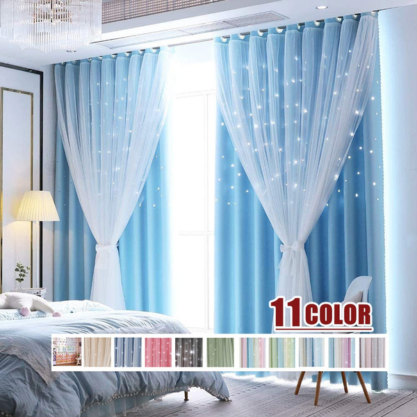 Star Curtains for Girls Bedroom Kids Room Decor Light Blocking Voile  Overlay Princess Star Hollowed Curtain Colorful Striped Layered Window  Curtain, 1