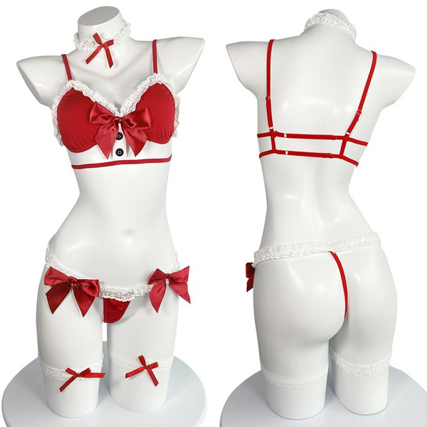 Cute Bow Christmas Outfits Lingerie Set Three-point Underwear Nightwear  Sleepwear Cosplay Costume for Women