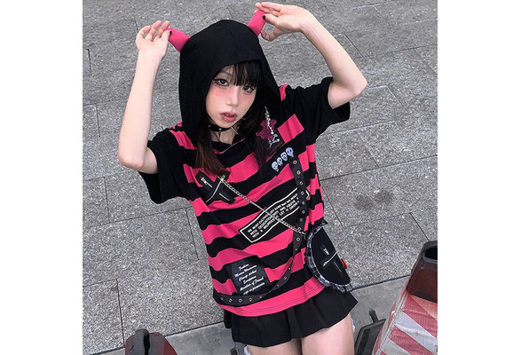 Women Fashion Summer Emo Style T Shirt Goth Striped Graphic Tee Y2k 2000s  Egirl Grunge Punk Black Devil Ears Hoodie Women Gothic Alt Clothes