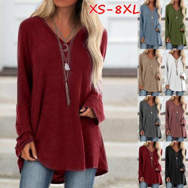 XS-8XL Women's Fashion Casual Autumn and Winter Clothes V-neck Solid Color  Long Sleeve Tops Ladies Loose Tunic T-shirts Cotton Blouses Plus Size  Pullover Sweatshirts