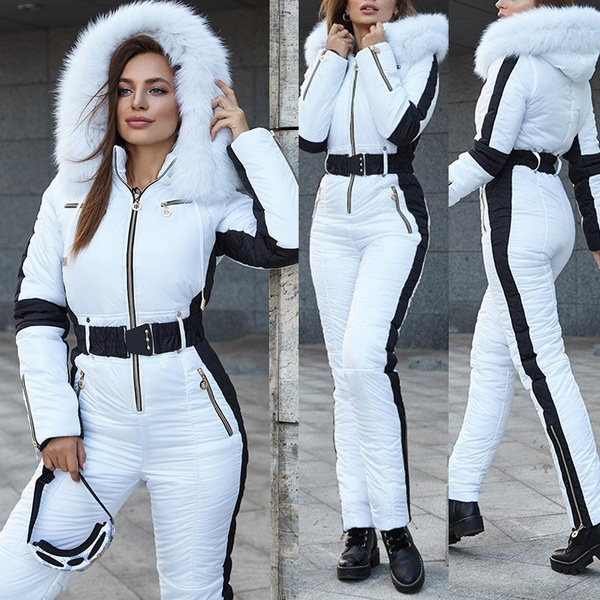 Women Fashion Ski Jumpsuit White with Black Insert Ski Overall Bright Ski Winter Suit Snowboarding Suit Winter Faux Fur Jacket Winter Warm Pants Winter Suit Plus | Wish