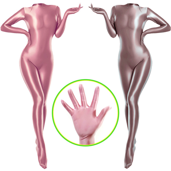 Womens Oil Shiny Glossy Satin Catsuit Wet Look Bodysuit Zipper Jumpsuit +  Gloves