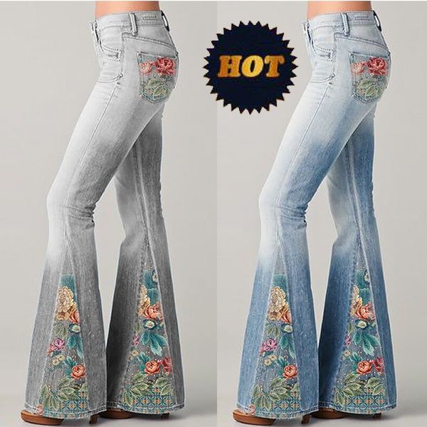 Women High Waist Floral Bell-bottom Denim Jeans Flared Trousers