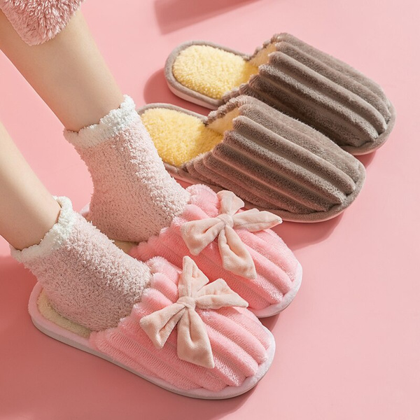 Women Home Cotton Shoes Plush Butterfly knot Winter Warm Slip on