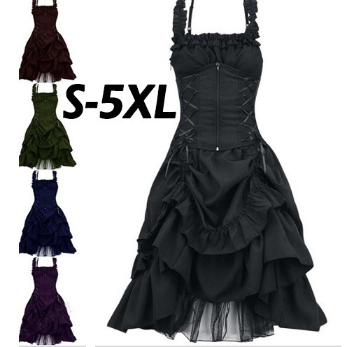 Womens Gothic Dress Woman Classic Black Layered Lace-up Goth