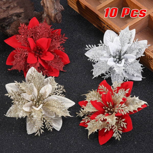 10 Pcs Christmas Glitter Poinsettia Artificial Silk Flowers Christmas Tree Ornaments Wreaths